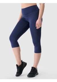 4f - Legginsy treningowe z materiału z recyklingu damskie - granatowe. Stan: podwyższony. Kolor: niebieski. Materiał: denim, materiał. Wzór: jednolity, gładki, ze splotem. Sport: fitness