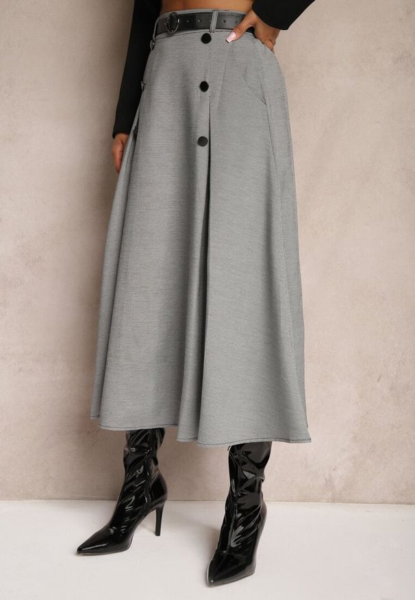 Renee - Szaro-Czarna Spódnica o Rozkloszowanym Kroju High Waist z Guzikami Paskiem i Gumką w Talii Verianne. Stan: podwyższony. Kolor: szary. Materiał: tkanina