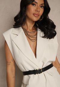 Renee - Jasnobeżowa Kamizelka Oversize w Garniturowym Stylu z Guzikiem i Paskiem z Klamrą Galazia. Okazja: do pracy, na co dzień. Kolor: beżowy. Styl: klasyczny, casual #4