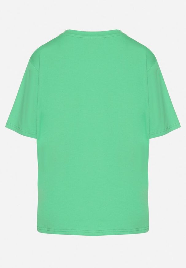 Born2be - Zielony Bawełniany T-shirt z Ozdobnym Nadrukiem Delmari. Okazja: na spacer, na co dzień. Kolor: zielony. Materiał: bawełna. Wzór: nadruk. Styl: casual, klasyczny