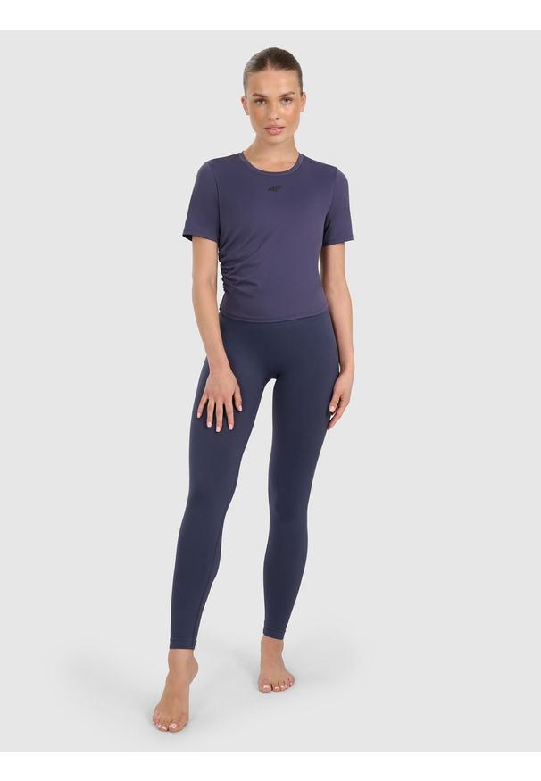 4f - 4F Legginsy do jogi i pilatesu bezszwowe damskie - granatowe XS/S. Stan: podwyższony. Kolor: niebieski. Materiał: syntetyk, włókno, materiał, dzianina. Długość: długie. Wzór: gładki. Sport: joga i pilates