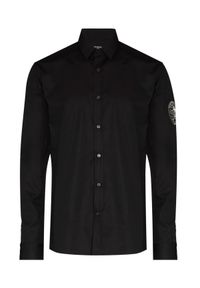 Balmain - BALMAIN - Czarna koszula z logo. Typ kołnierza: kołnierzyk klasyczny. Kolor: czarny. Materiał: materiał. Długość rękawa: długi rękaw. Długość: długie. Wzór: aplikacja. Styl: klasyczny