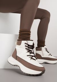 Renee - Beżowo-Brązowe Sportowe Śniegowce Chunky na Platformie Ishweda. Kolor: beżowy. Materiał: jeans. Obcas: na platformie. Styl: sportowy #1