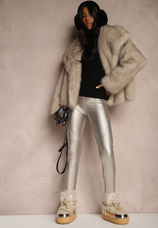 Renee - Srebrne Spodnie z Ekoskóry Skinny High Waist Ocieplane Polarową Wyściółką Lavimi. Okazja: na co dzień, na spacer. Stan: podwyższony. Kolor: srebrny. Materiał: polar. Wzór: aplikacja. Styl: casual, elegancki