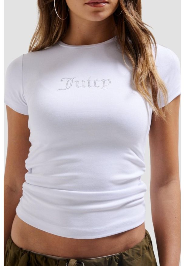 Juicy Couture - JUICY COUTURE Biały t-shirt damski z cyrkoniami Dot Ruched Tee. Kolor: biały. Materiał: materiał. Długość rękawa: krótki rękaw. Długość: krótkie. Styl: elegancki