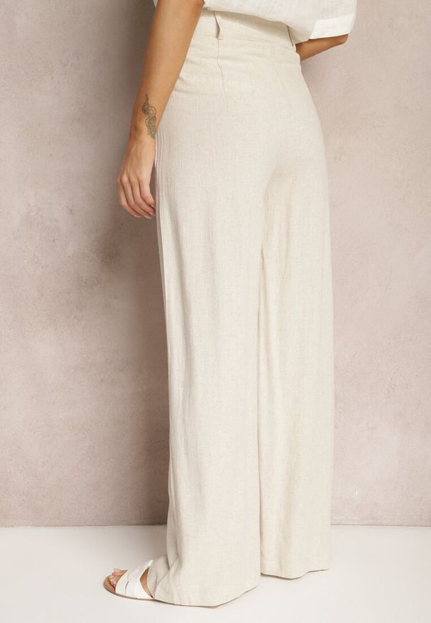 Renee - Beżowe Szerokie Spodnie High Waist z Lnu i Wiskozy Apoises. Okazja: na co dzień. Stan: podwyższony. Kolor: beżowy. Materiał: wiskoza, len. Długość: długie. Sezon: lato. Styl: casual, elegancki