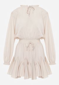 Born2be - Beżowa Rozkloszowana Sukienka z Wiskozą Zdobiona Falbanami i Wiązaniem Lerienatia. Okazja: na co dzień. Kolor: beżowy. Materiał: wiskoza. Wzór: aplikacja. Styl: casual, elegancki, klasyczny #3