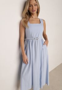 Born2be - Niebieska Elegancka Sukienka z Wiskozy i Bawełny na Szerokich Ramiączkach Naisia. Kolor: niebieski. Materiał: wiskoza, bawełna. Długość rękawa: na ramiączkach. Typ sukienki: rozkloszowane. Styl: elegancki #8