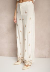 Renee - Biało-Beżowe Spodnie z Wiskozą i Lnem High Waist o Szerokim Kroju z Haftami Olerina. Okazja: na spacer. Stan: podwyższony. Kolor: biały. Materiał: len, wiskoza. Wzór: haft. Sezon: lato. Styl: boho, elegancki