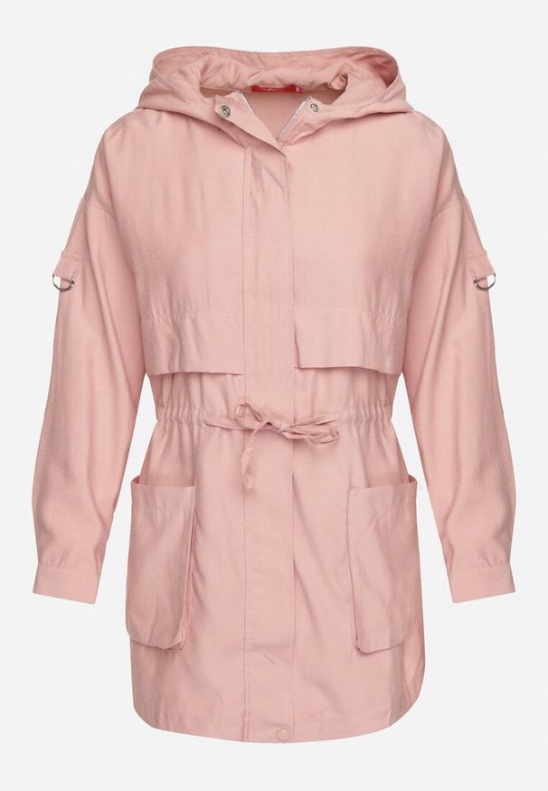 Born2be - Różowa Kurtka Parka z Nieodpinanym Kapturem i Troczkiem w Pasie Mevarie. Okazja: na co dzień. Kolor: różowy. Materiał: jeans. Wzór: aplikacja. Styl: sportowy, casual