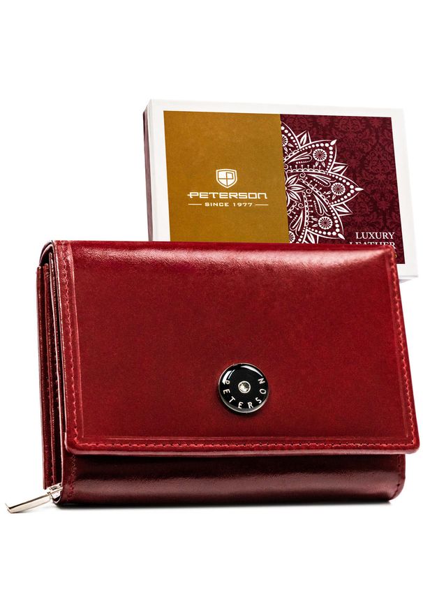 Elegancki i kompaktowy portfel damski w czerwonym kolorze wykonany ze skóry naturalnej - Peterson. Kolor: czerwony. Materiał: skóra