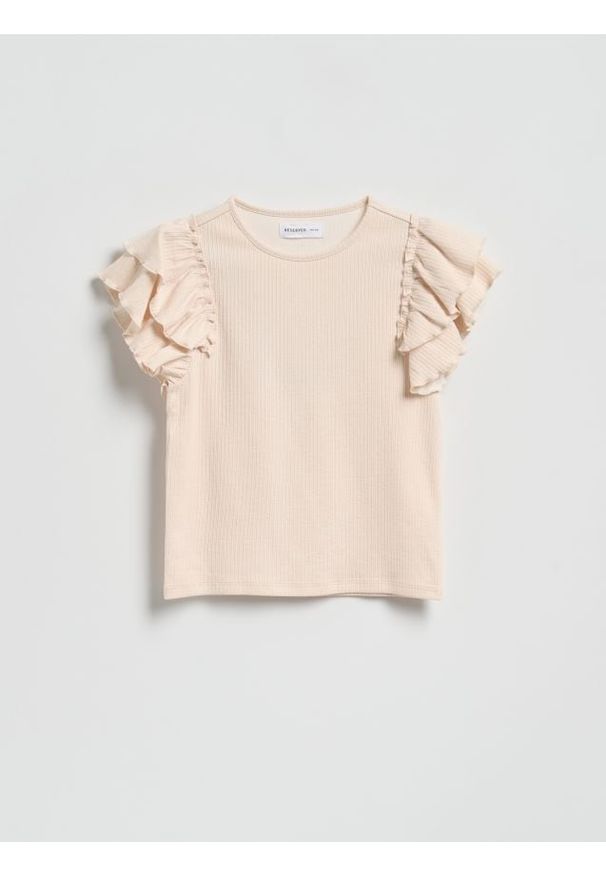 Reserved - Bluzka z falbanami - pastelowy róż. Kolor: różowy. Materiał: dzianina, bawełna