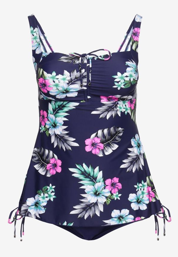 Born2be - Granatowe Dwuczęściowy Strój Kąpielowy z Topem i Majtkami z Wysokim Stanem Talmeria. Stan: podwyższony. Kolekcja: plus size. Kolor: niebieski. Wzór: kwiaty