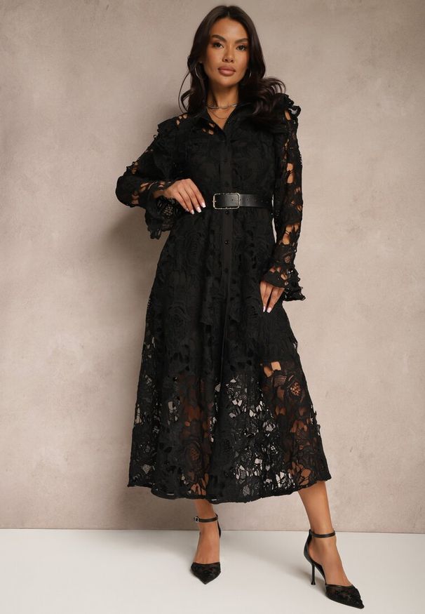 Renee - Czarna Koronkowa Maxi Sukienka o Rozkloszowanym Fasonie Sedumma. Kolor: czarny. Materiał: koronka. Długość: maxi