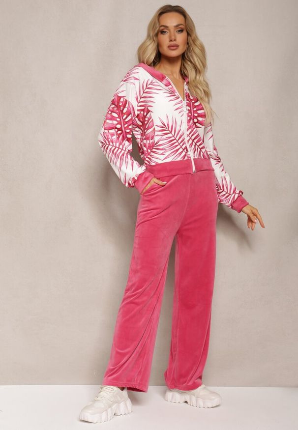 Renee - Różowy Komplet Dresowy Welurowy Bluza z Kapturem i Florystycznym Printem oraz Szerokie Luźne Spodnie Raiantise. Kolor: różowy. Materiał: welur, dresówka. Wzór: nadruk