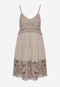 Born2be - Ciemnobeżowa Rozkloszowana Sukienka w Haftowany Wzór Mavironne. Okazja: na imprezę. Kolor: beżowy. Wzór: haft. Styl: elegancki