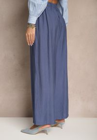 Renee - Granatowe Spodnie o Szerokim Kroju High Waist z Wiązaniem Fenalin. Okazja: na co dzień, na imprezę, na spacer. Stan: podwyższony. Kolor: niebieski. Styl: casual, elegancki