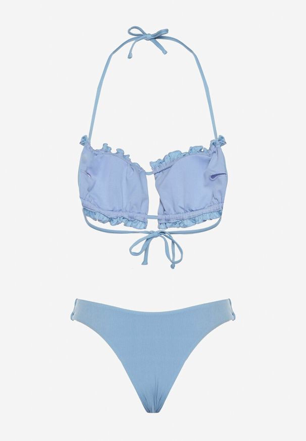 Renee - Jasnoniebieskie Bikini Majtki Figi Biustonosz z Wiązaniem Ozdobiony Marszczeniem Folinira. Kolor: niebieski. Wzór: aplikacja