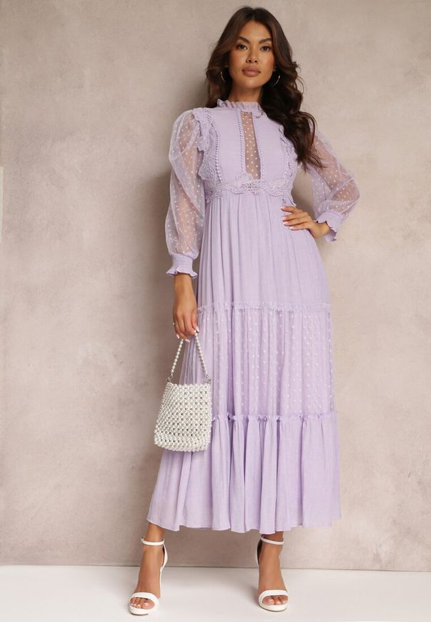 Renee - Fioletowa Sukienka z Bufiastym Rękawem Ozdobiona Tiulowymi Wstawkami Laluna. Kolor: fioletowy. Materiał: tiul. Wzór: aplikacja