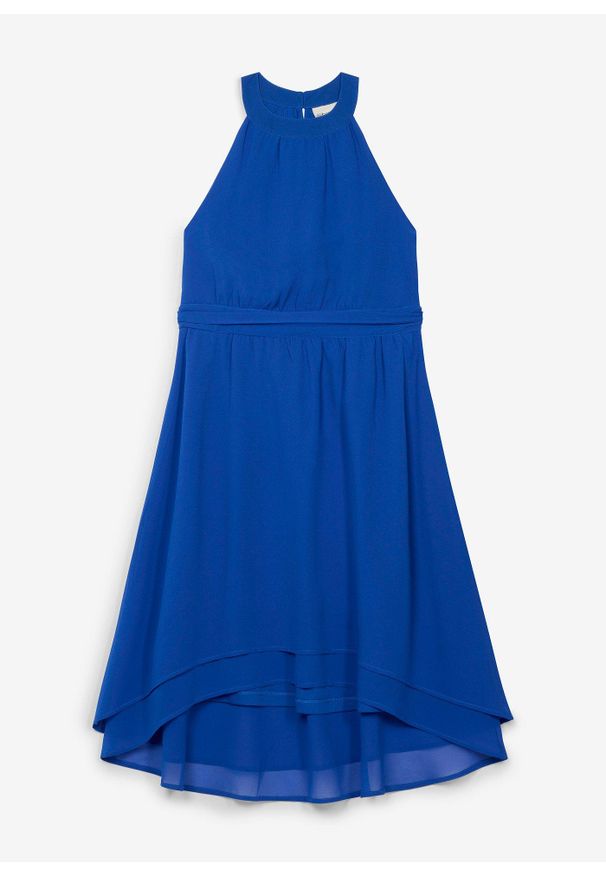 bonprix - Sukienka szyfonowa z dłuższym tyłem. Typ kołnierza: dekolt halter. Kolor: niebieski. Materiał: szyfon. Typ sukienki: asymetryczne. Styl: elegancki