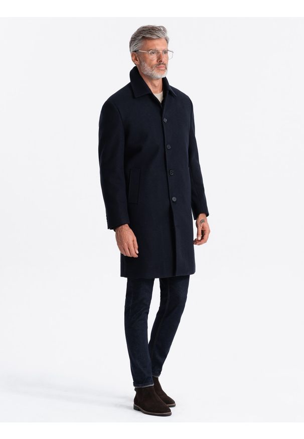 Ombre Clothing - Długi męski jednorzędowy płaszcz z kołnierzykiem i podpinką – granatowy V3 OM-COWC-0106 - XXL. Okazja: na co dzień. Typ kołnierza: komin, kołnierzyk koszulowy. Kolor: niebieski. Materiał: wiskoza, materiał, syntetyk, poliester. Długość: długie. Wzór: jednolity. Styl: wizytowy, elegancki, casual