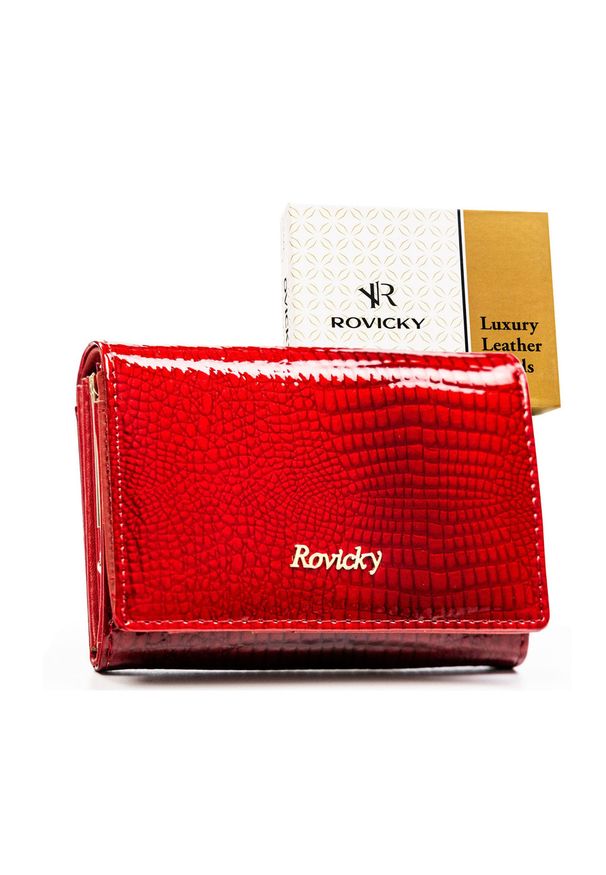 ROVICKY - Średni, czerwony portfel damski ze skóry naturalnej zamykany zatrzaskiem - Rovicky. Kolor: czerwony. Materiał: skóra