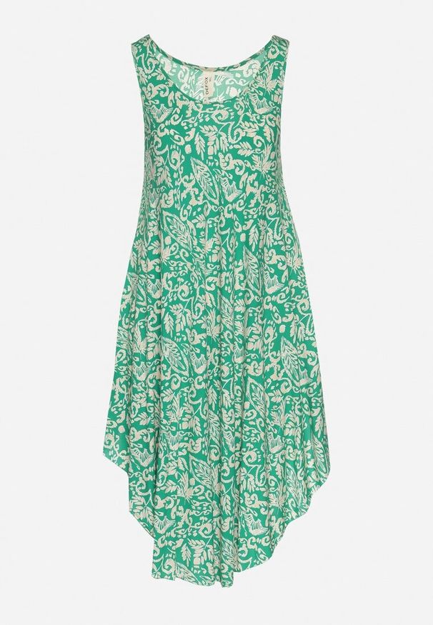 Born2be - Zielona Asymetryczna Sukienka Bawełniana w Ornamentalny Wzór Natialira. Okazja: na co dzień. Kolor: zielony. Materiał: bawełna. Typ sukienki: asymetryczne. Styl: casual, elegancki