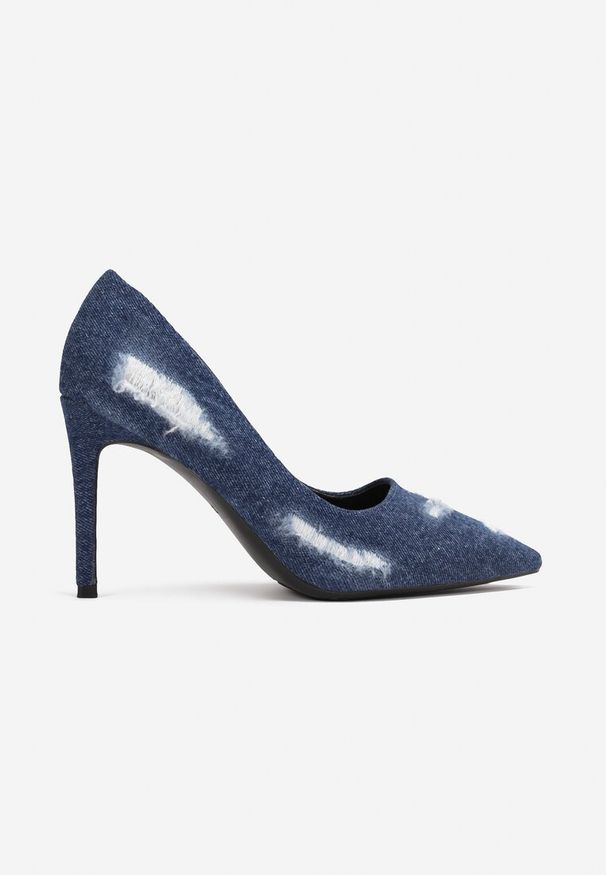 Renee - Granatowe Szpilki z Jeansowego Materiału z Przetarciami Halabi. Okazja: na spotkanie biznesowe. Nosek buta: otwarty. Kolor: niebieski. Materiał: materiał, jeans. Obcas: na szpilce. Styl: biznesowy, klasyczny. Wysokość obcasa: średni