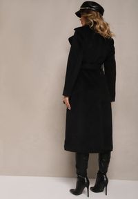 Renee - Czarny Długi Płaszcz Jednorzędowy z Paskiem w Talii Zeneti. Okazja: na co dzień. Kolor: czarny. Materiał: koronka, jeans. Długość: długie. Sezon: lato. Styl: casual, elegancki #3