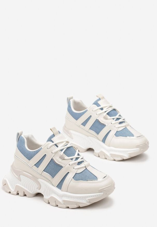 Born2be - Beżowo-Niebieskie Sneakersy na Grubej Podeszwie z Brokatem i Wstawkami Tensora. Kolor: beżowy