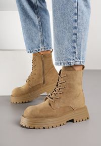 Renee - Ciemnobeżowe Casualowe Botki Typu Workery Vemarine. Okazja: na co dzień. Zapięcie: sznurówki. Kolor: beżowy. Materiał: jeans. Styl: casual