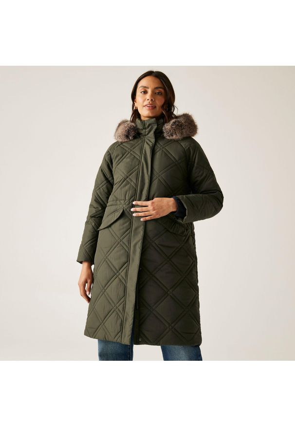 Regatta - Płaszcz damski zimowy ocieplany Freyla. Kolor: zielony. Materiał: puch. Sezon: zima. Sport: turystyka piesza