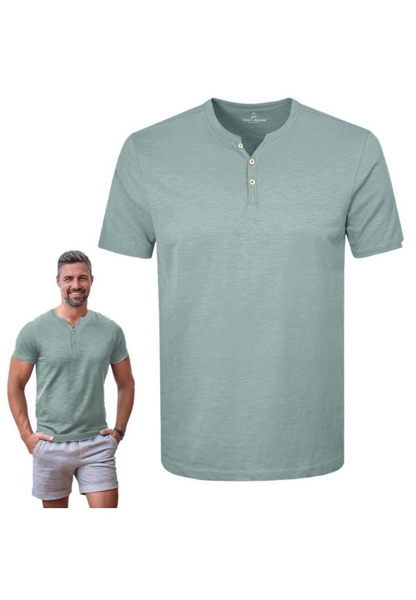 T-Shirt, Dekolt na Guziki -Pako Jeans- Lekki Melanż - Miętowa. Okazja: na co dzień. Kolor: miętowy. Materiał: bawełna. Wzór: melanż. Styl: casual