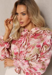 Renee - Różowo-Beżowa Koszula z Wiązaniem i Guzikami Ozdobiona Kwiatowym Motywem Fioralba. Kolor: różowy. Wzór: aplikacja, kwiaty. Styl: elegancki #3