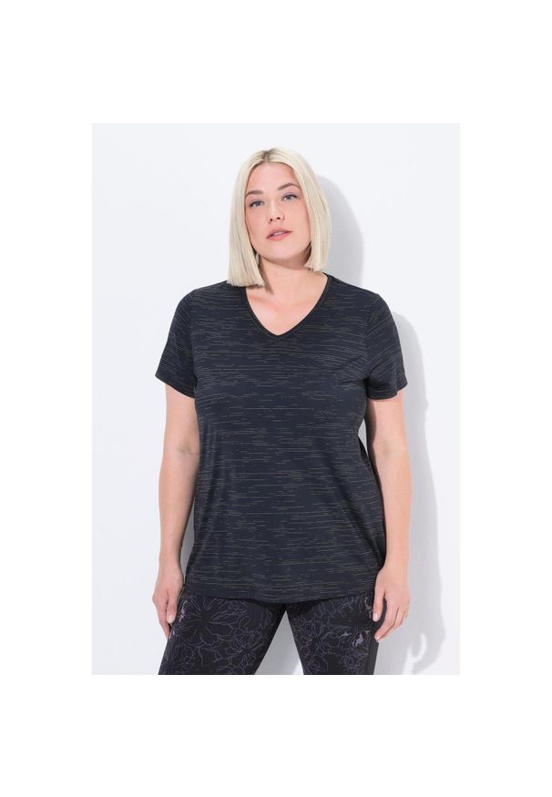 ULLA POPKEN - Damskie Bluzka funkcyjna wstawki z siateczki dekolt w serek rękaw 1/2. Typ kołnierza: dekolt w serek. Kolekcja: plus size. Kolor: czarny. Materiał: materiał, poliester, elastan