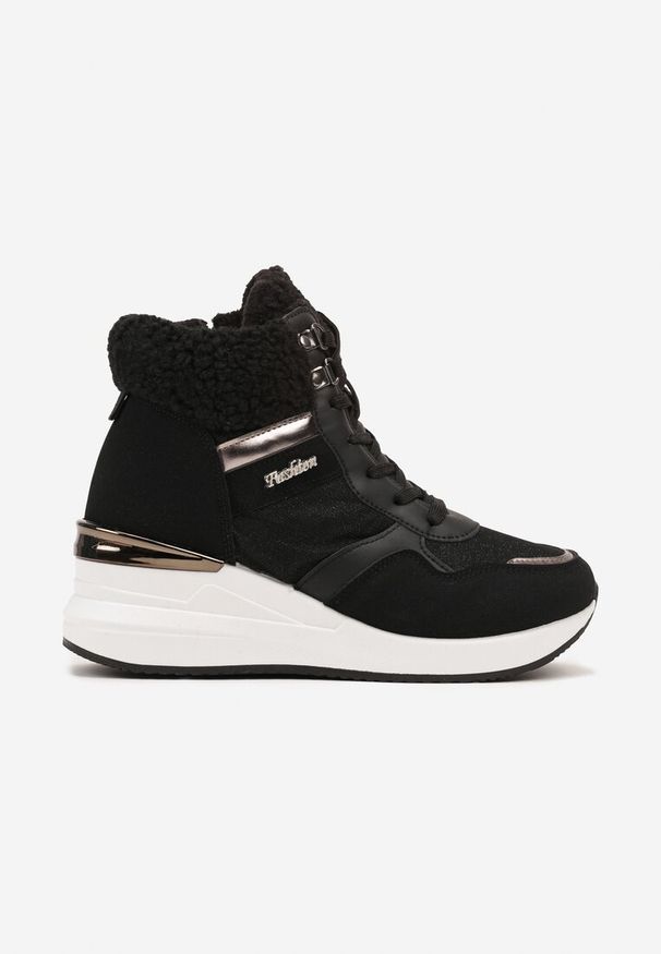 Renee - Czarne Sneakersy na Koturnie z Wysoką Cholewką Ozdobione Brokatem Sinthera. Okazja: na co dzień. Wysokość cholewki: przed kolano. Kolor: czarny. Materiał: jeans. Szerokość cholewki: normalna. Wzór: aplikacja. Obcas: na koturnie