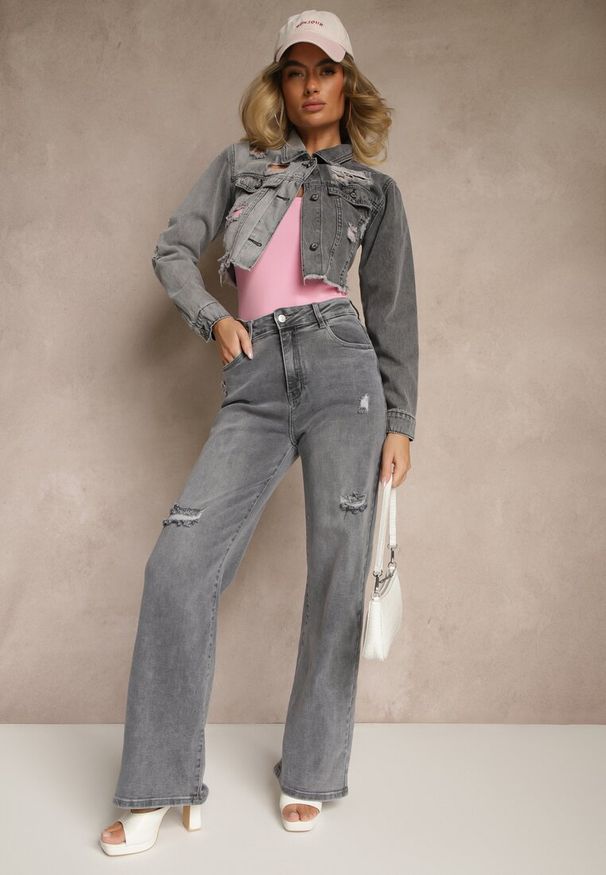 Renee - Szare Jeansy High Waist z Szeroką Nogawką Zdobione Przetarciami Liozina. Stan: podwyższony. Kolor: szary. Wzór: aplikacja. Styl: sportowy, elegancki