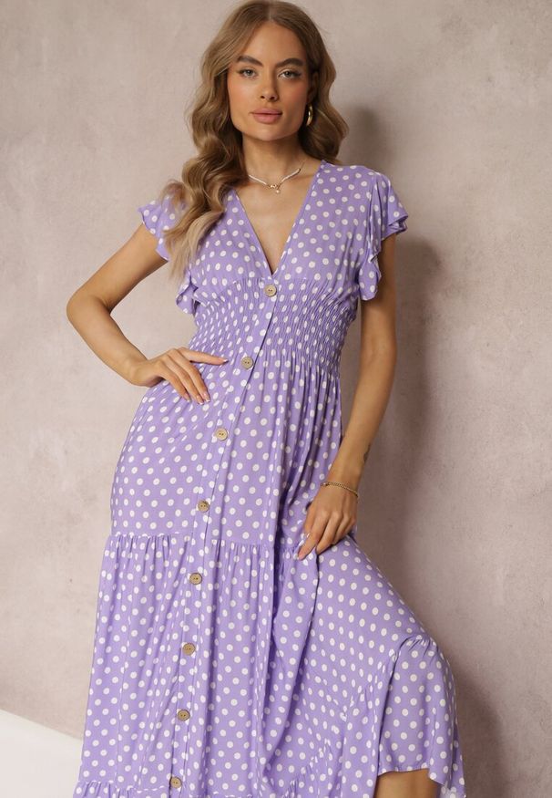 Renee - Fioletowa Rozkloszowana Sukienka Maxi w Kropki z Gumką w Talii Janey. Okazja: na co dzień, na imprezę. Kolor: fioletowy. Wzór: kropki. Styl: casual. Długość: maxi