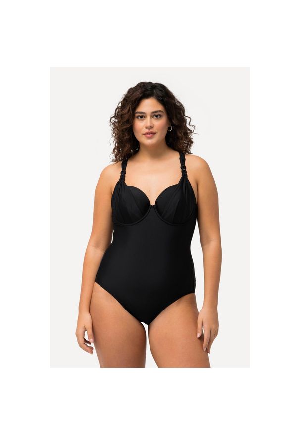 ULLA POPKEN - Damski Strój kąpielowy cekiny miękkie miseczki fiszbiny ramiączka z regulacją. Kolekcja: plus size. Kolor: czarny. Materiał: poliamid, materiał, elastan