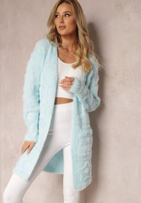 Renee - Jasnoniebieski Długi Kardigan Puszysty Aborra. Kolekcja: plus size. Kolor: niebieski. Materiał: tkanina, dzianina. Długość: długie. Wzór: aplikacja