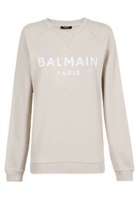 Balmain - BALMAIN - Beżowa bluza z białym logo. Kolor: beżowy. Materiał: bawełna, prążkowany. Długość rękawa: długi rękaw. Długość: długie. Wzór: aplikacja