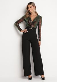 Born2be - Czarny Błyszczący Długi Kombinezon z Kopertowym Dekoltem i Paskiem Rietia. Kolor: czarny. Długość: długie #5