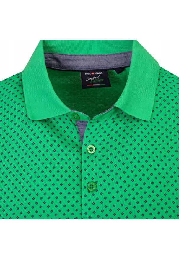 Koszulka Polo - Męska - Pako Jeans - Zielona w Drobny Groszek. Okazja: na co dzień. Typ kołnierza: polo. Kolor: zielony. Materiał: bawełna. Wzór: grochy. Styl: casual