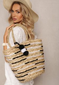 Renee - Beżowa Pleciona Torebka Boho Słomiana z Ozdobnymi Pomponami Elexeree. Kolor: beżowy. Sezon: lato. Dodatki: z pomponami. Styl: boho #3