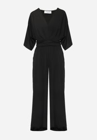 Born2be - Czarny Elegancki Kombinezon Nietoperzowy z Wiskozą z Marszczeniem w Talii Wentina. Kolor: czarny. Materiał: wiskoza. Styl: elegancki #4