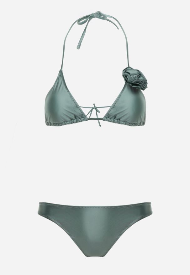 Born2be - Jasnozielone Klasyczne Bikini Wiązany Biustonosz z Kwiatową Aplikacją i Figi Oridanea. Kolor: zielony. Wzór: aplikacja, kwiaty