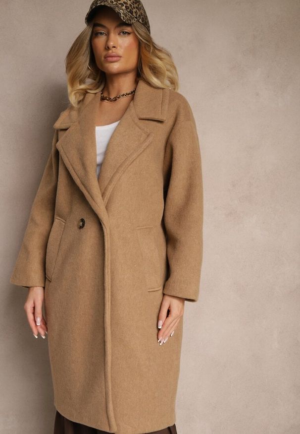 Renee - Brązowy Dwurzędowy Płaszcz Oversize z Wełną Spolete. Kolor: brązowy. Materiał: wełna. Styl: elegancki