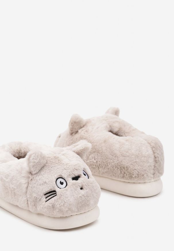 Born2be - Beżowe Kapcie Domowe Wsuwane z Puszystym Futerkiem i Uszami Kota Taiolla. Okazja: do domu. Zapięcie: bez zapięcia. Kolor: beżowy. Materiał: futro. Styl: elegancki