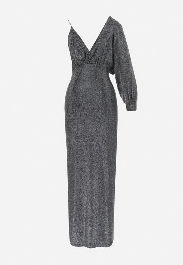 Born2be - Srebrna Błyszcząca Asymetryczna Sukienka Maxi z Rozcięciem i Kopertowym Dekoltem Aknasa. Kolor: srebrny. Materiał: materiał. Typ sukienki: asymetryczne, kopertowe. Długość: maxi