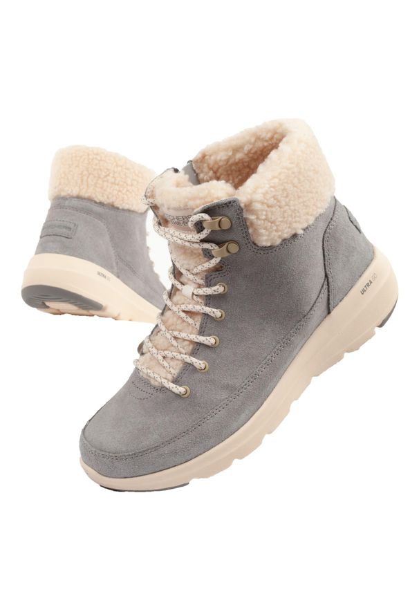 skechers - Buty zimowe sportowe damskie Skechers Glacial Ultra-Woodlands. Kolor: szary. Materiał: zamsz, skóra, futro. Szerokość cholewki: normalna. Sezon: zima. Model: Skechers Sport. Sport: turystyka piesza